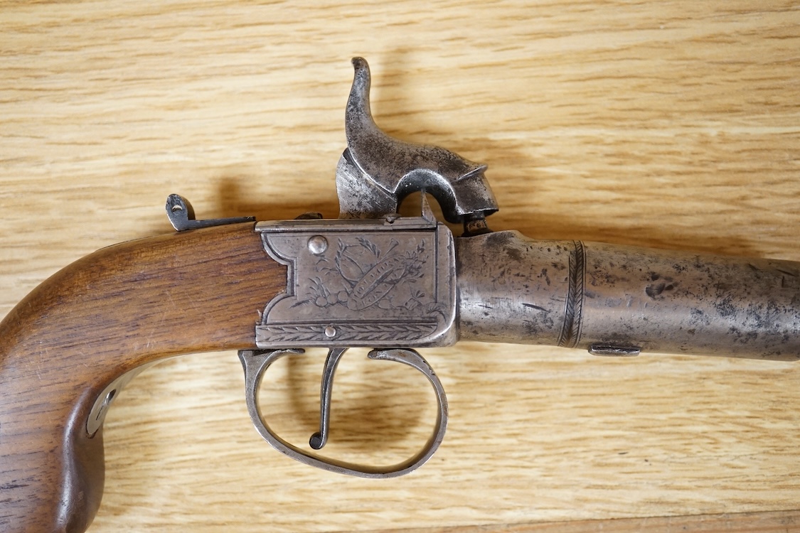 A boxlock percussion pocket pistol with turn off barrel, liege proof, frame engraved; Stevens, Holborn, London